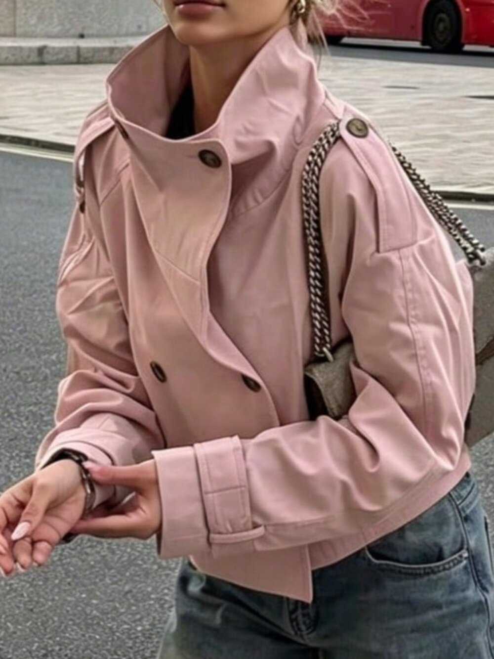 Pink Casual Women's Double-Breasted Long Sleeve Jacket - Picture 3 of 6